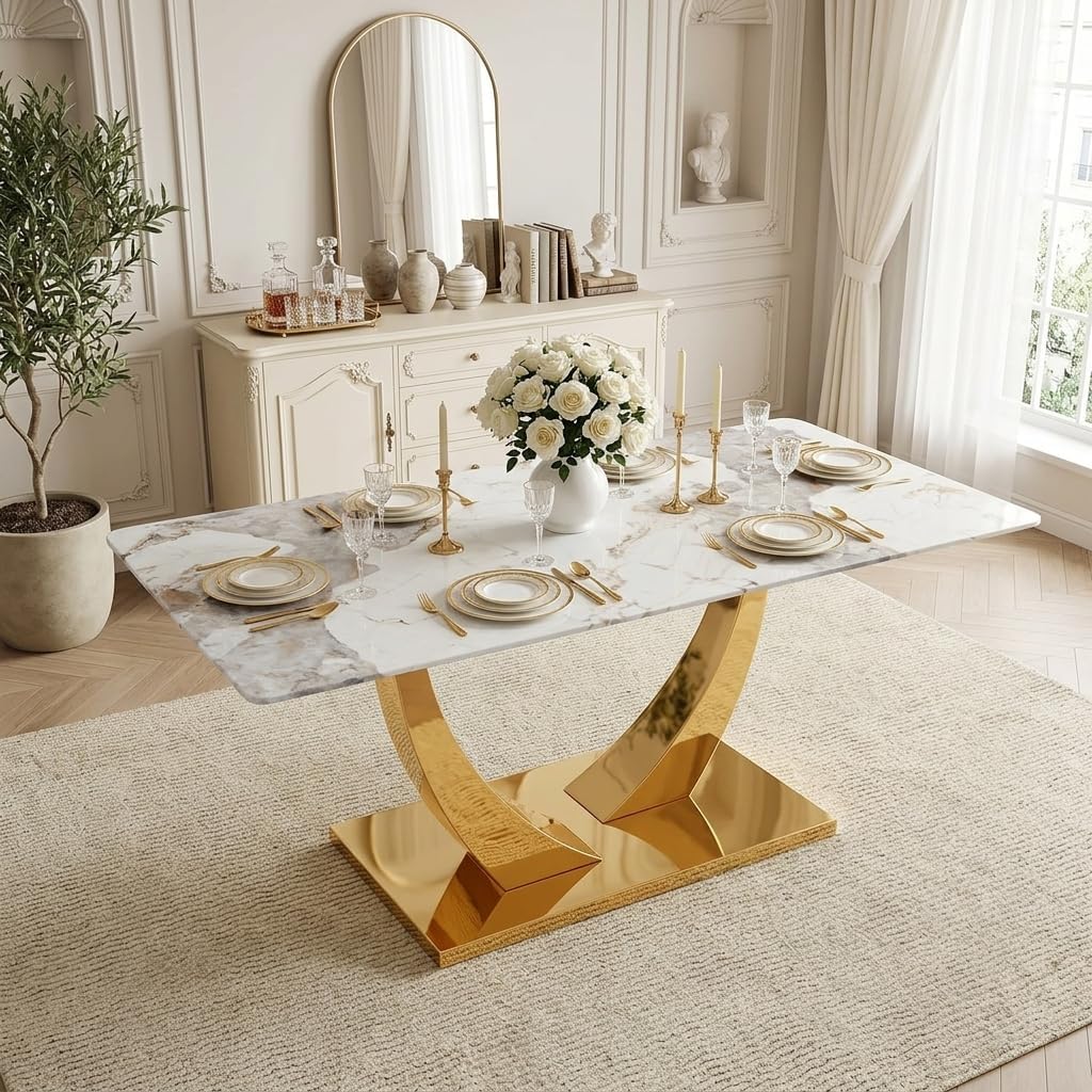 Modern White Faux Marble Dining Table