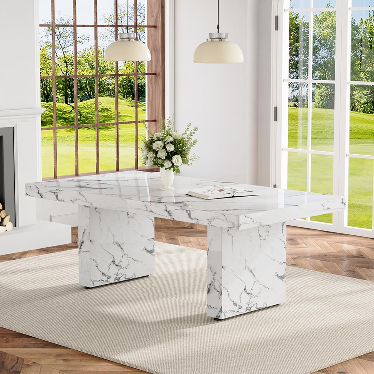 Modern White Faux Marble Dining Table