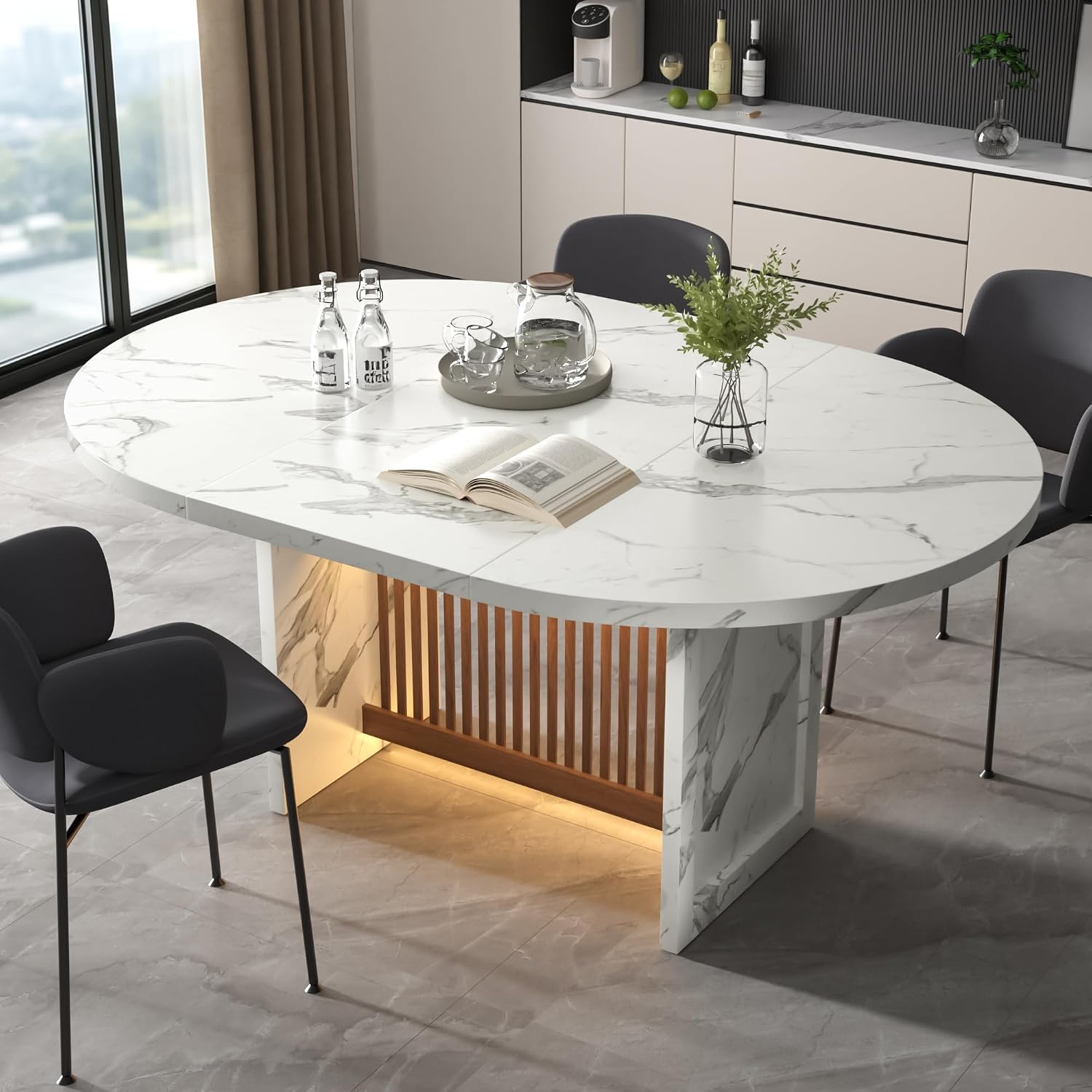 Expandable Faux Marble LED Dining Table