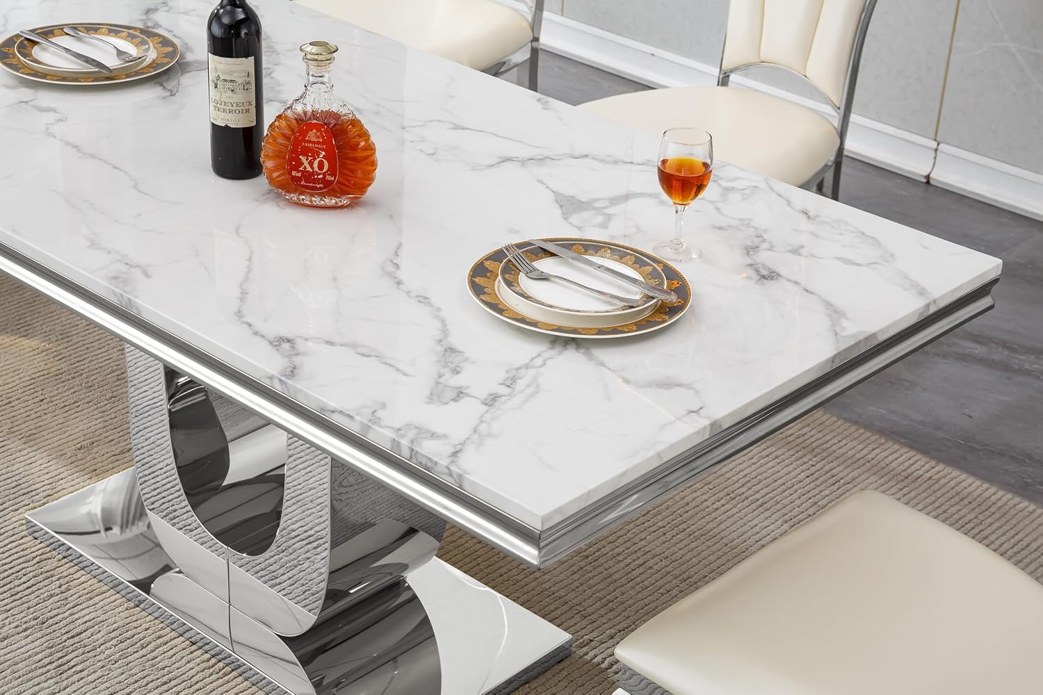 White Faux Marble Modern Dining Table