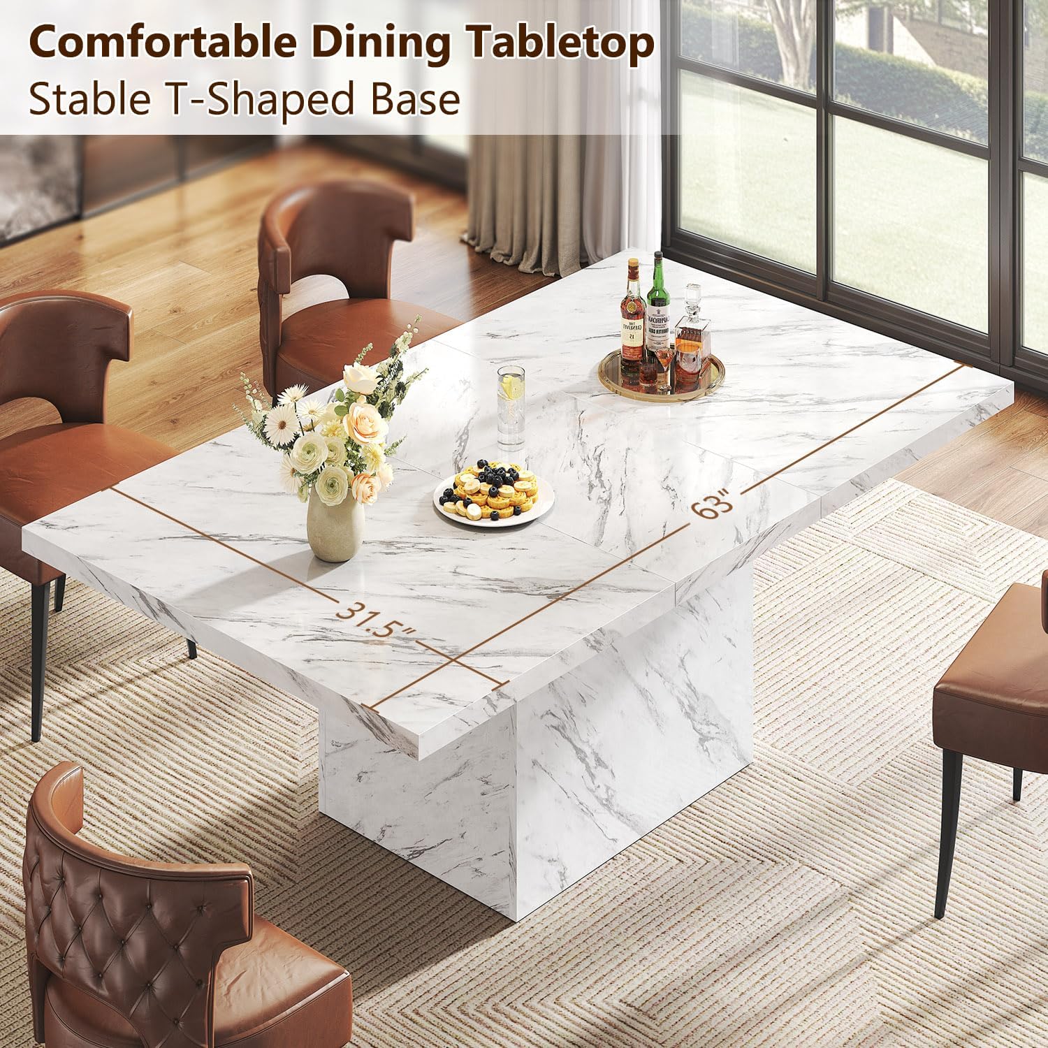 White Faux Marble Rectangular Dining Table