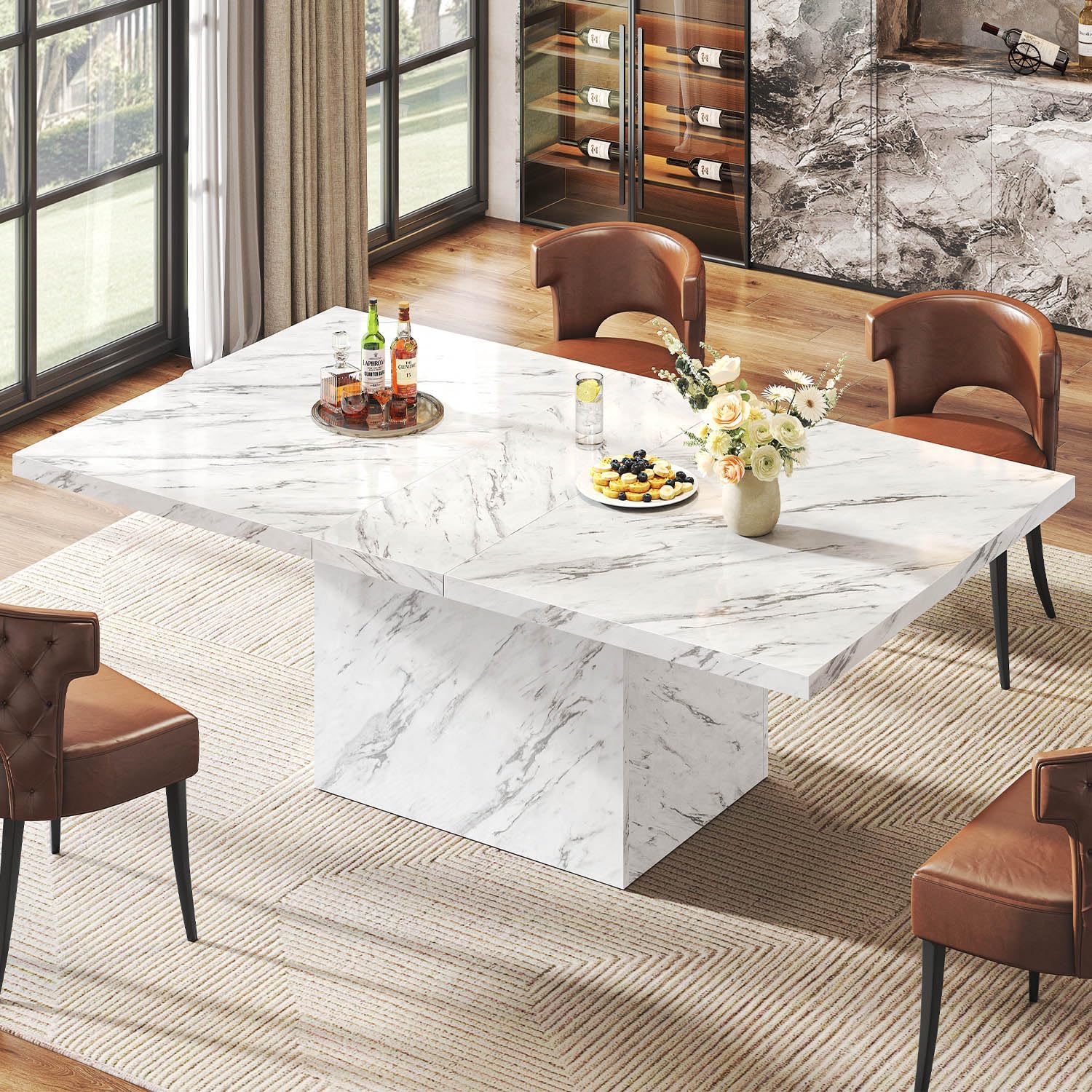 White Faux Marble Rectangular Dining Table