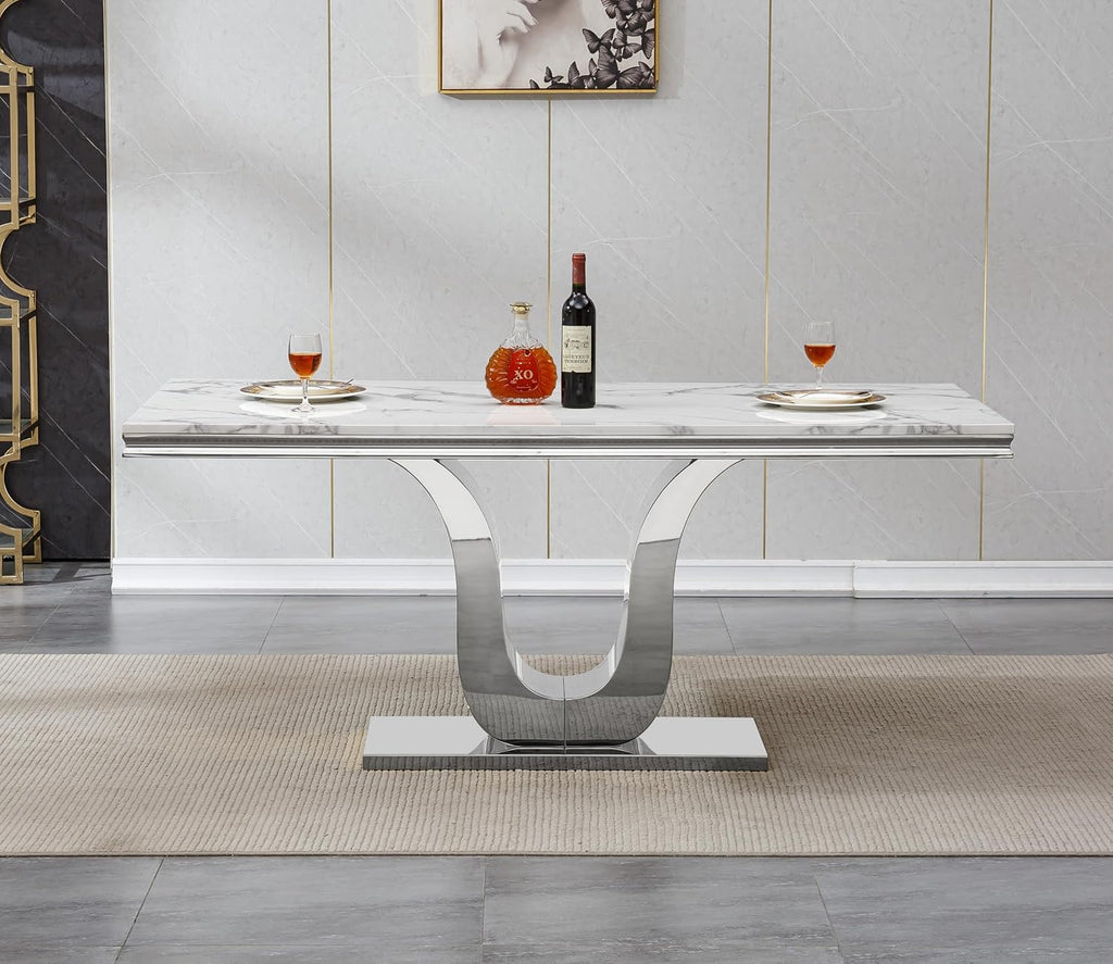 White Faux Marble Modern Dining Table