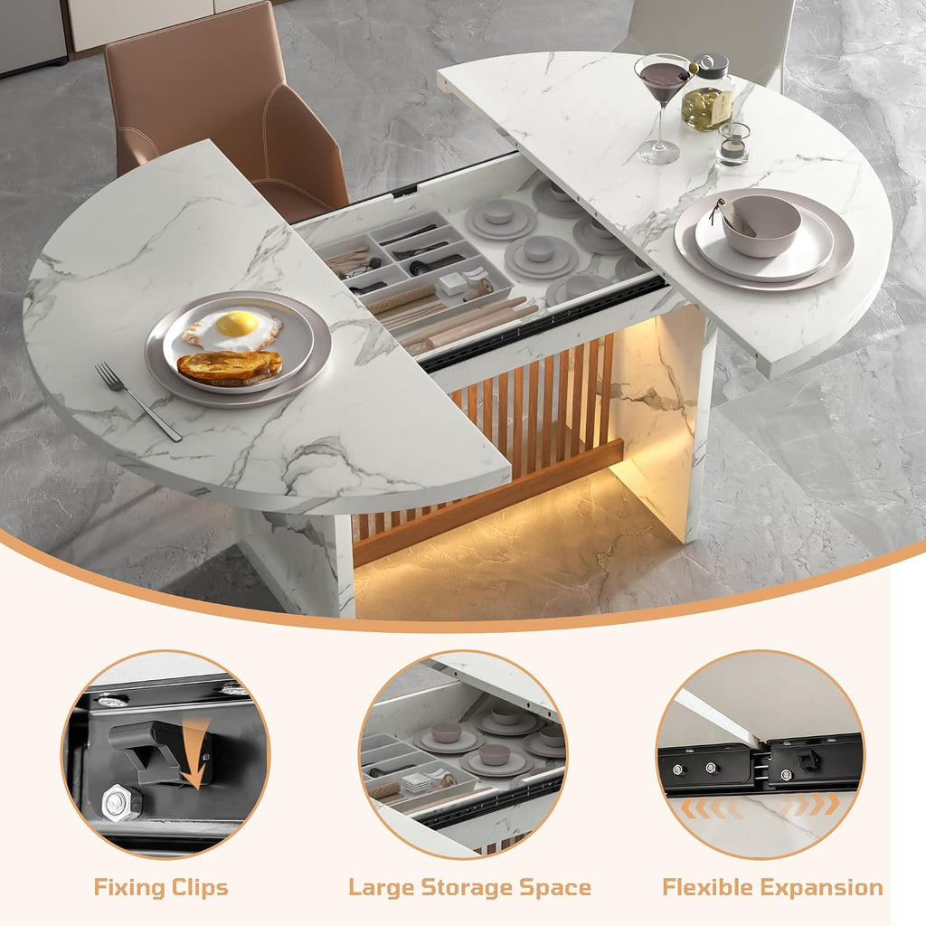 Expandable Faux Marble LED Dining Table