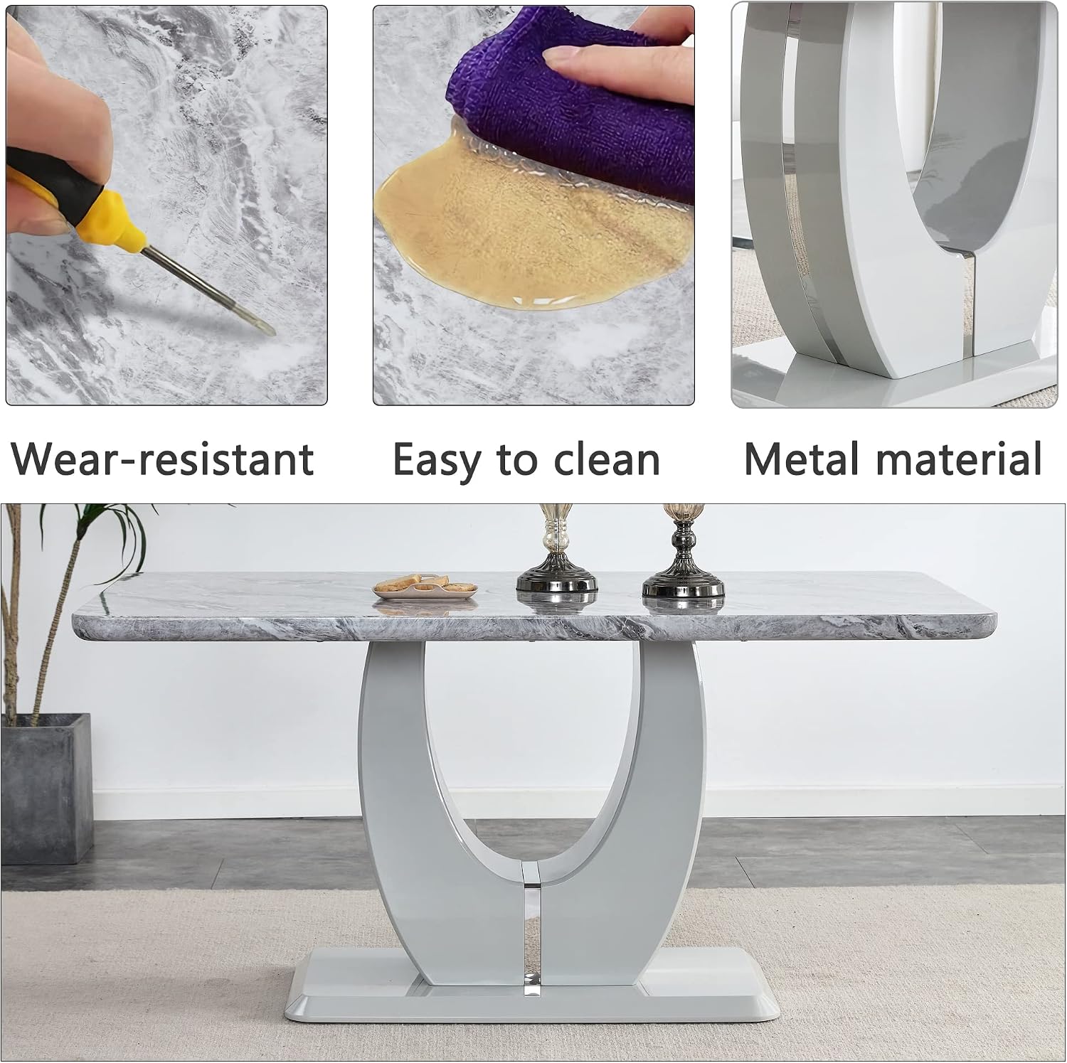 Modern Gray Faux Marble Dining Table