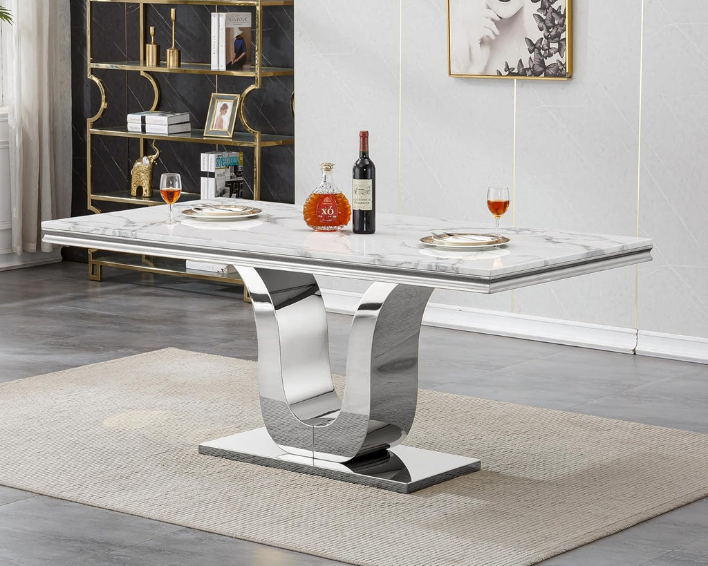 White Faux Marble Modern Dining Table