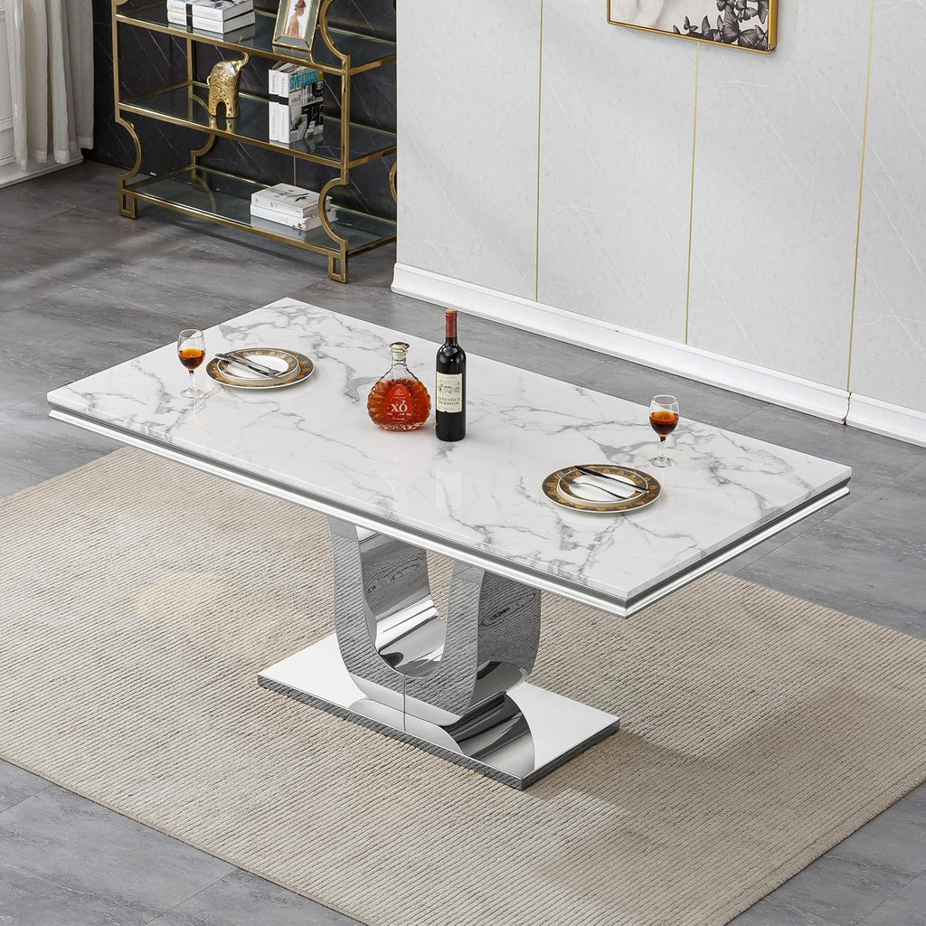 White Faux Marble Modern Dining Table
